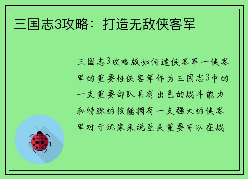 三国志3攻略：打造无敌侠客军